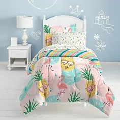 دوتای کیسه تخت خواب کامل آناناس صورتی Flamingo Palm Tropical 7 عدد ست ورق راحتی