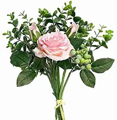 KIRIFLY گلهای مصنوعی چیدمان گل رز ابریشم سفید گل اوکالیپتوس برگ توت گل عروسی دسته گل دکوراسیون میز گل وسایل خانه تزئینات خانگی (شامپاین)