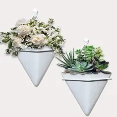 گلدان حلق آویز AOIEORD مثلث سرامیکی ، گلدان دکوراسیون دیوار گل ساکولنت برای دکوراسیون خانه و دفتر ، 2 مجموعه سفید