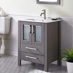 کابینت دستشویی حمام خاکستری تیره 24 اینچ مدرن Berliget ، دو درب حمام ، حمام پایه حمام غرور با سرریز سینک ظرفشویی