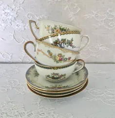 4 فنجان و نعلبکی چای زیبا و عالی Vintage / Antique |  اتسی