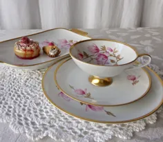 ناهار خوری نعلبکی فنجان چای وینتس مجموعه گلهای صورتی تریم طلایی |  اتسی