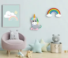 مجموعه ای از 2 چراغ شبستان Nursery Wall Rainbow و Unicorn |  اتسی