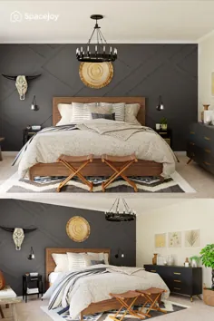 یک ایده طراحی اتاق خواب مدرن با دیوار برجسته و عناصر روستایی.
