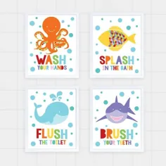 ست هنری حمام بچه ها - چاپهای با مضمون دریا - دکوراسیون کودکانه رنگارنگ ، هنر کودکانه دستان خود را بشویید
