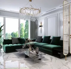 دکوراسیون اتاق نشیمن لوکس به سبک مدرن و زیبا با بخشی از مخمل سبز