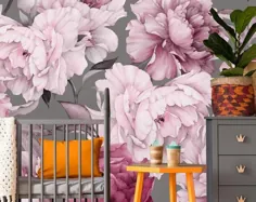 کاغذ دیواری قابل تعویض گل صد تومانی صورتی و سفید گل رز برفی |  اتسی