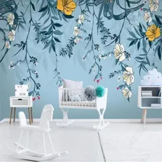 نقاشی دیواری گل گل آبی سبک نوردیک برای اتاق کودک یا مهد کودک ()