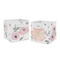 سطل های نگهدارنده پارچه گل آبرنگ طرح های شیرین جوجو به رنگ صورتی / خاکستری (مجموعه 2) |  حمام تختخواب و فراتر از آن