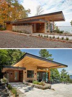 یک کلبه معاصر با سقف کنسرو مشرف به دریاچه ای در کانادا