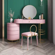 میز آرایش صورتی رنگ آرایشی با آینه کابینت گردان و چهارپایه شامل