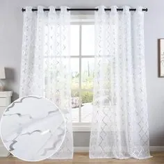 پرده پرده ای شفاف پنجره سفید Kotile برای اتاق خواب - حلقه چاپ کاشی نقره ای مراکشی صفحه نمایش نیمه خنک کننده برای اتاق نشیمن ، 52 95 95 اینچ ، مجموعه ای از 2 صفحه