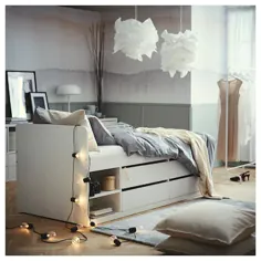 اسلات SLÄKT تختخواب با فضای ذخیره سازی + تخت خواب ملافه ، سفید ، توئین - IKEA