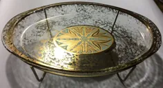 Vintage MCM GEORGES BRIARD Gold Dust & Turquoise Pyrex Chaffing Dish / Stand