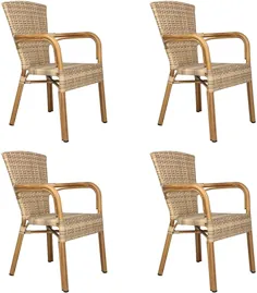 صندلی های ناهار خوری پاسیو در فضای باز قابل انباشت مجموعه ای از 4 صندلی آلومینیومی بالکن حصیری صندلی مبلمان سبک وزن بافته شده صندلی بازوی چوب خیزران برای باغ / حیاط خلوت / بیسترو / کافه ، چوب