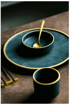 ظروف غذاخوری سرامیکی معاصر به سبک ژاپنی ظروف طلایی منبت کاری عالی یکپارچهسازی با سیستمعامل مدرن