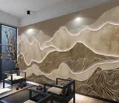 3D Look Relief Mountains جزئیات طلا تصاویر پس زمینه ، اتاق نشیمن دیوار دیوار کوه ، دیوار نقاشی دیواری Chinoiserie