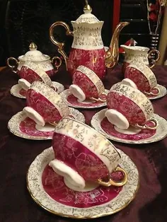 Vintage Bohemian China 'Pretty Pink & Gold Chintz' 15 pc Demitasse TEA SET |  # 1618854612