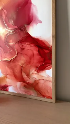 نقاشی با جوهر الکلی قرمز و طلایی 20 اینچ در 26 اینچ اثر هنری اصلی، دکوراسیون منحصر به فرد خانه، هنر انتزاعی