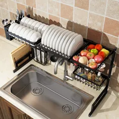 قفسه خشکشویی بیش از ظرف (33 اینچ) ، 2 نگهدارنده قاشق چنگال قفسه آبکش برای وسایل آشپزخانه صفحه نمایش ضد زنگ صفحه نمایش فولاد ضد زنگ - فضای ذخیره سازی آشپزخانه باید داشته باشید (اندازه سینک 33/2 اینچ ، سیاه)