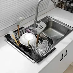 رول کردن روی رک خشک کن ظرفشویی ، دستگاه ظرفشویی ظرف چند منظوره فولاد ضد زنگ برای آشپزخانه ، قابل حمل / تاشو ، 20 "x 11" ، بزرگ (سیاه ، 20 "× 11")
