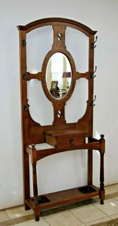 Antique Hall Tree Tiger Oval Bevel Mirror دستکش جعبه چتر قفسه ایستاده |  eBay
