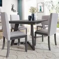 میز ناهار خوری 5 تکه میز مستطیل چوبی با 4 صندلی پارچه ای ملافه خاکستری