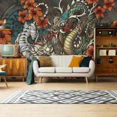 Dragon And Tiger Wallpaper تصاویر پس زمینه آسیایی Wallmural اتاق نشیمن نقاشی دیواری گلهای نارنجی قرمز قرمز پوستر مدرن ، پوست و چوب مدرن