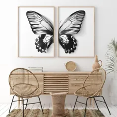 دیوار پروانه پروانه ، پوستر پروانه ، سیاه و سفید ، مجموعه ای از 2 ، عکس برگردان دیوار پروانه ، پروانه