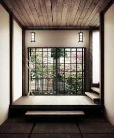 حداقل طراحی اتاق با کف حصیر تاتامی و ژاپنی ، فضای داخلی اتاق خالی ، رندر سه بعدی