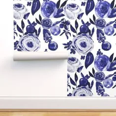 پارچه های رنگارنگ چاپ شده توسط Spoonflower - آبرنگ گل های آبی و سفید
