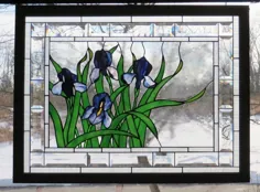 ویترای پنجره شیشه ای شیشه ای هنر بنفش آبی زنبق گل تابستان باغ طبیعت طراحی داخلی دکوراسیون منزل