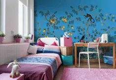 نقاشی دیواری Vintage Chinoiserie با پس زمینه آبی - کاغذ دیواری قابل جدا شدن از خود چسب - پوشش وینیلی پوست و استیک دیوار پوش