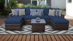 kathy i Ireland Homes & Gardens River Brook 7 Piece Outdoor Wicker Patio Patio Furniture 07a in Midnight - TK Classics River-07A-Navy