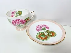 مجموعه هلو و نعلبکی Vintage COLCLOUGH هلو با آرایش گل صورتی |  eBay