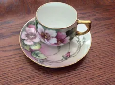 نعلبکی Vintage AUSTRIA TEA CUP SAUCER Flowers Pink GOLD Gilt به سبک ویکتوریایی