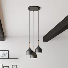 چراغ آویز نواک 3 لامپ گرد سیاه / چوب طبیعی