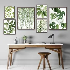 چاپ های گیاهی ، نقاشی های انتزاعی ، پوسترهای گیاهی ، چاپ های سبز ، مجموعه ای از چاپ های 6 برگ ، دیوارهای سبز ، تزیین دیوار اتاق خواب ، آبرنگ