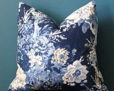 روکش کوسن کلاسیک گل آبی به سبک همپتون Jacobean |  اتسی