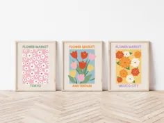 مجموعه 3 گل هنر بازار دیجیتال دانلود |  چکیده پوسترهای هنر مدرن قابل چاپ توکیو آمستردام مکزیکو سیتی