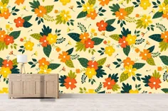 نقاشی دیواری کاغذ دیواری برگ سبز طرح نارنجی زرد 3D |  اتسی