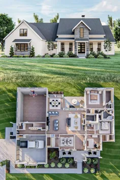 نقشه های خانه سه بعدی: خانه مزرعه مدرن 5 طبقه 5 خوابه با بار