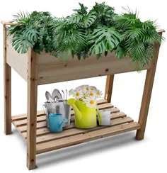 جعبه کاشت چوب بلند با قفسه ذخیره سازی برای پرورش گیاهان ، سبزیجات ، گلها ، جعبه کاشت باغچه برجسته با پاها مناسب برای پاسیوی فضای باز ، عرشه ، بالکن.  (34 "L x 18" W x 30 "H) (طبیعی)