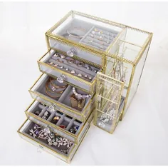 شیشه آینه 5 کشو جعبه ذخیره سازی جواهرات طلا Vintage Metal Edge Jewelry Organizer