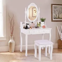 ست Vanity ، ست میز Vanity با آینه بیضی شکل و 4 کشو ، میز آرایش چوبی با چهارپایه بالشتی ، میز تحریر متحرک ، میز آرایش اتاق خواب برای دختران زن - حمل و نقل از ایالات متحده (سفید)