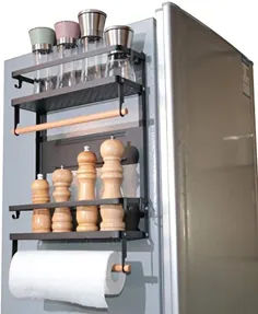 یخچال مغناطیسی Spack Rack یخچال و فریزر سازمان دهنده قفسه دو طبقه تاشو آشپزخانه قفسه کناری مغناطیسی برای نگهداری ادویه جات ترشی جات سس روغن زیتون حوله فلفل نمکی با قلاب نگهدارنده چوبی و سیاه پیچ