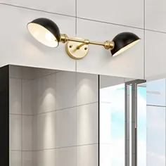 2 سر چراغ دیواری حمام چراغ غرور مدرن سیاه و طلایی با لامپ های دیواری و سایبان فلزی گنبد
