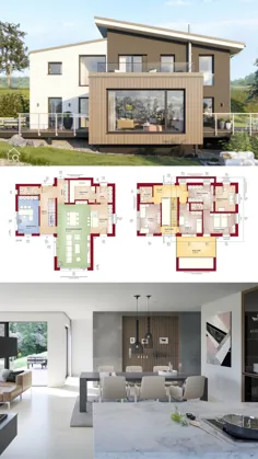 Modernes Fertighaus mit versetztem Satteldach & XL Erker bauen، Haus Grundriss Ideen mit Galerie