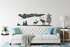 Deers & Mountains Wall Decal Nature Sticker Wall Pine Tree |  اتسی