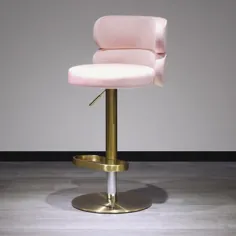چهارپایه میله گردان با روکش تکیه گاه صندلی مخملی صورتی قابل تنظیم با روکش طلایی